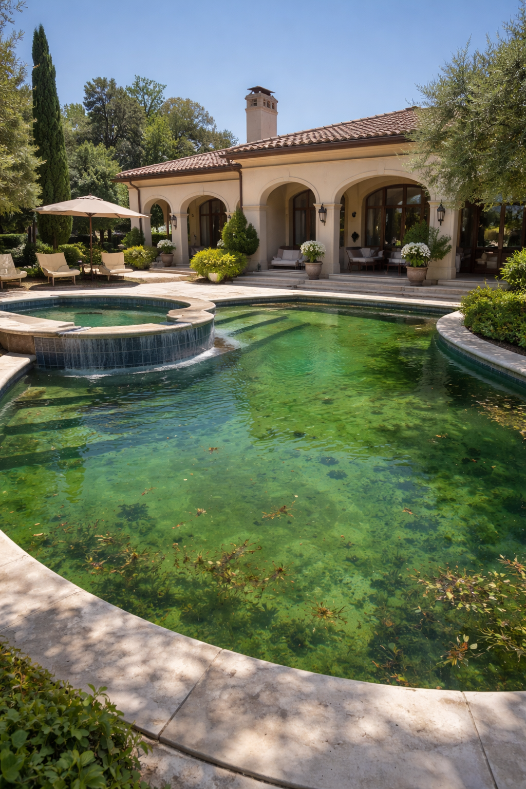 Green neglected pool before cleaning in Houston